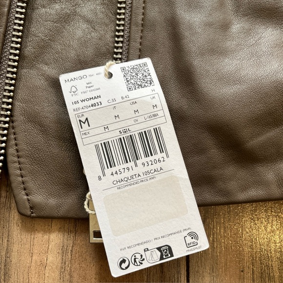 MNG Mango Leather Collection Taupe Sheep Leather Moto Biker Jacket M - Picture 8 of 16